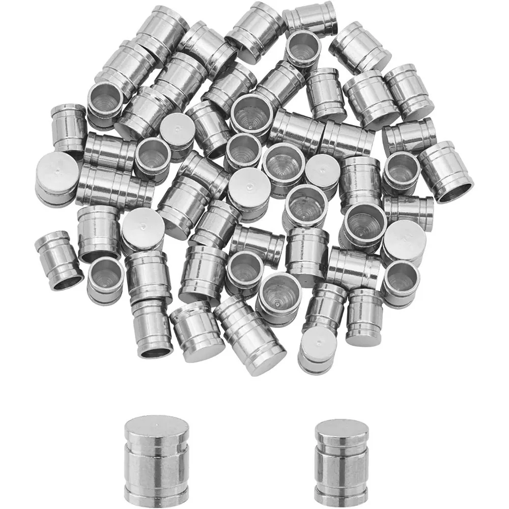 60pcs 2 Sizes 5/6mm Column Cord Ends Stainless Steel End Caps Leather Cord Ends Stainless Steel Color Cord Terminators for DIY