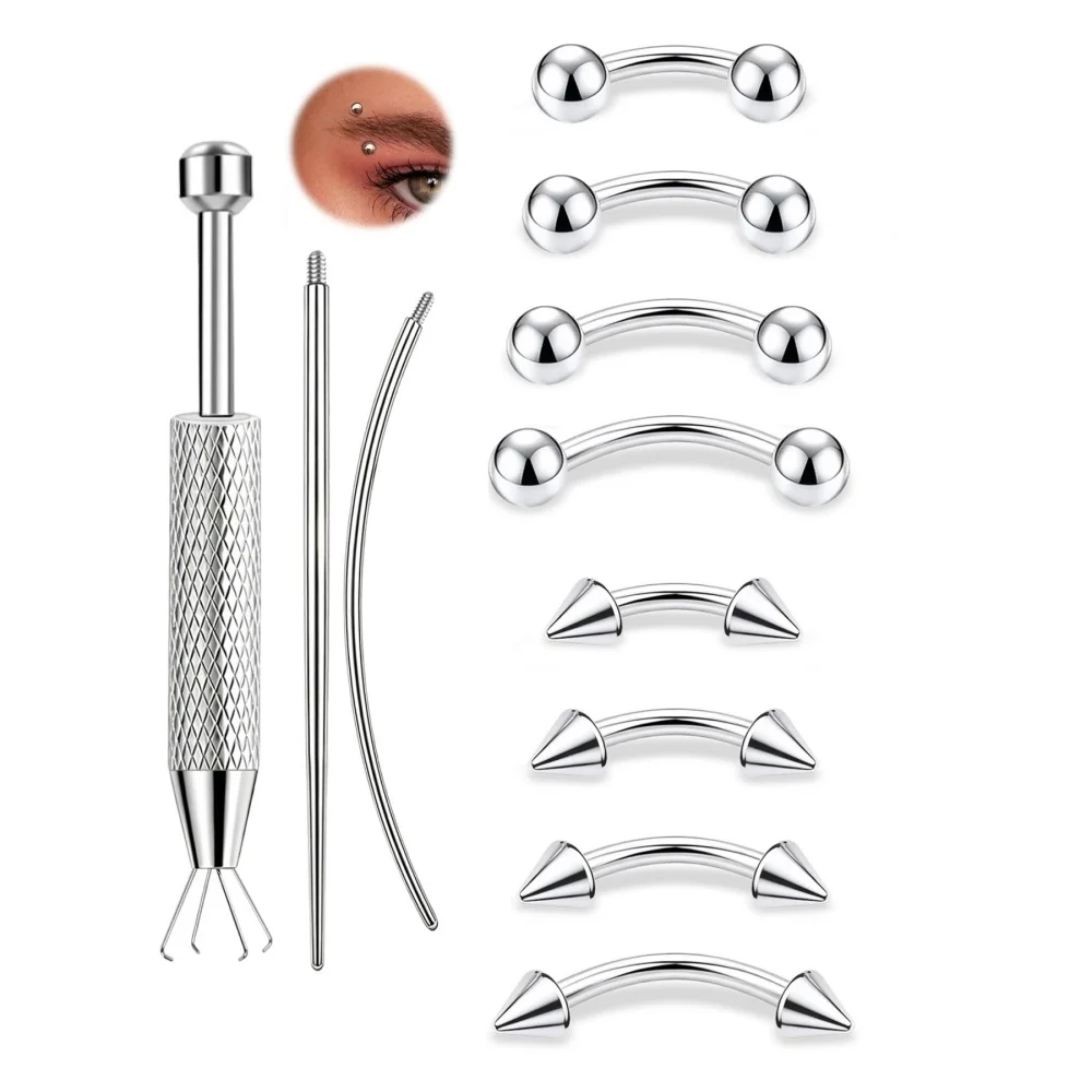 11Pcs 16G Curved Barbell Piercing Set 316L Stainless Steel Eyebrow Lip Body Jewelry With Install Tool Threading Needle 6‑12mm