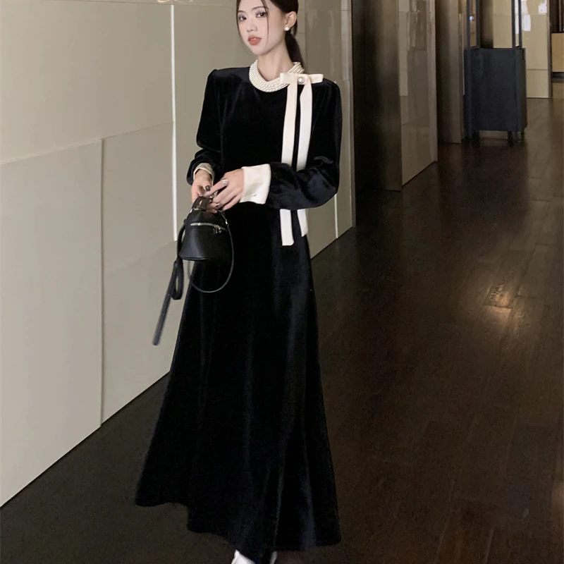 Mock Collar Dress Women Midi Pearls Korean-style Bow A-line Gentle Long-sleeve Elegant Velvet Trendy Defined Waist Temperament