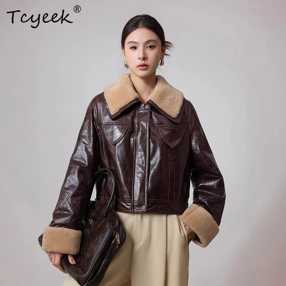 Tcyeek Goatskin White Goose Down Autumn Winter Lapel Retro Women's Genuine Leather Jacket Jaqueta De Couro Legítimo Feminina