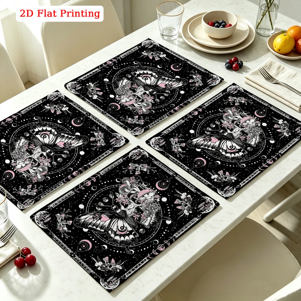 2Pcs Gothic Butterfly Placemat Black Moon Star Print Table Mat Kitchen Dining Decor Protection 30X40Cm