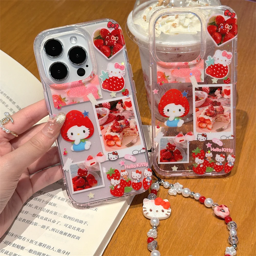 

Bling Glitter Strawberry Hello Kitty Phone Case For iPhone 16 15 14 13 Pro Max 16Pro Shockproof Bumper Protective Back Cover