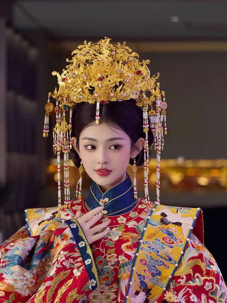 

Свадебный головной убор в китайском стиле, большая корона Феникса, золотая кисточка, элегантный классический дизайн, свадебный великолепный древний костюм ханьфу