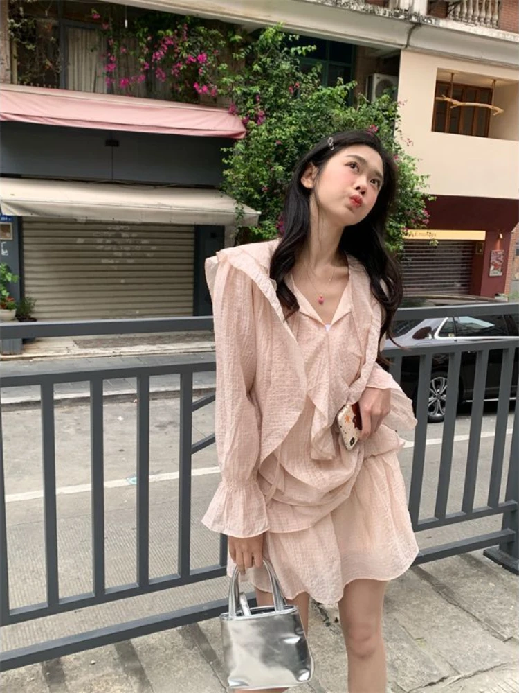 Dress Sets Women Above Knee Mini V-neck Elastic Waist Loose Sweet All-match Fahshion Solid Flare Sleeve Spring Simple Streetware