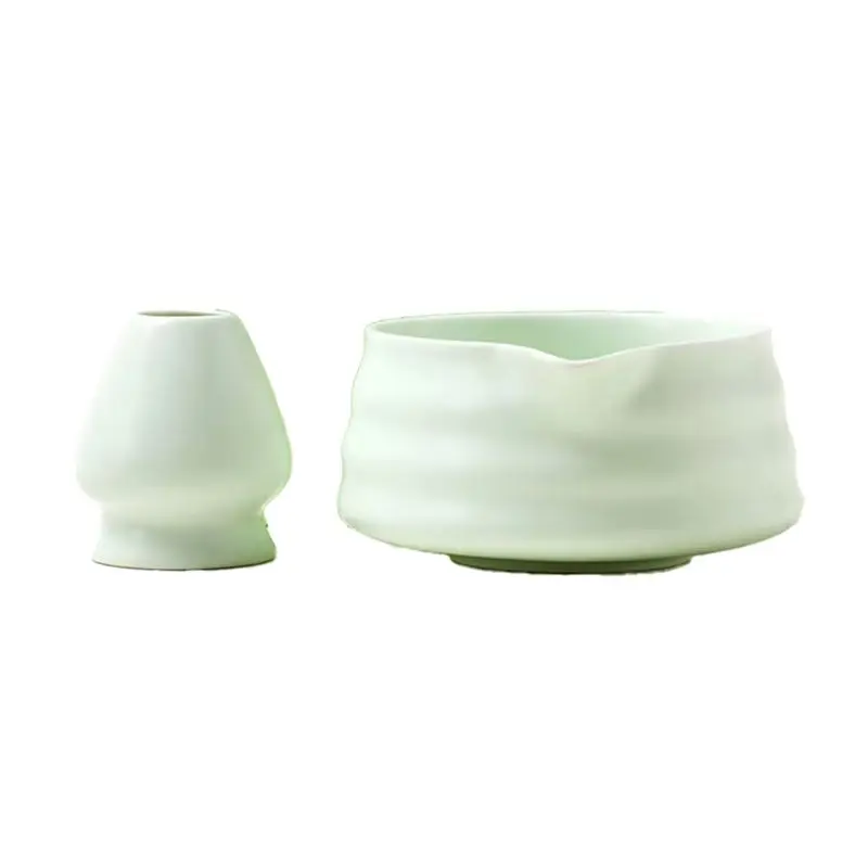 A20F-Japanese Matcha Tea Set - 2 Piece Bowl With Spout & Bamboo Whisk Holder, Ideal For Tea Ceremony, Office Or Gift