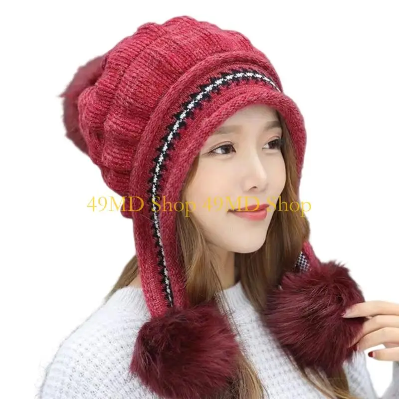 49MD Soft Textured Ear Warmer Hat Triple Pompoms Accents For Women Stylish Winter Outfits Daily Activities
