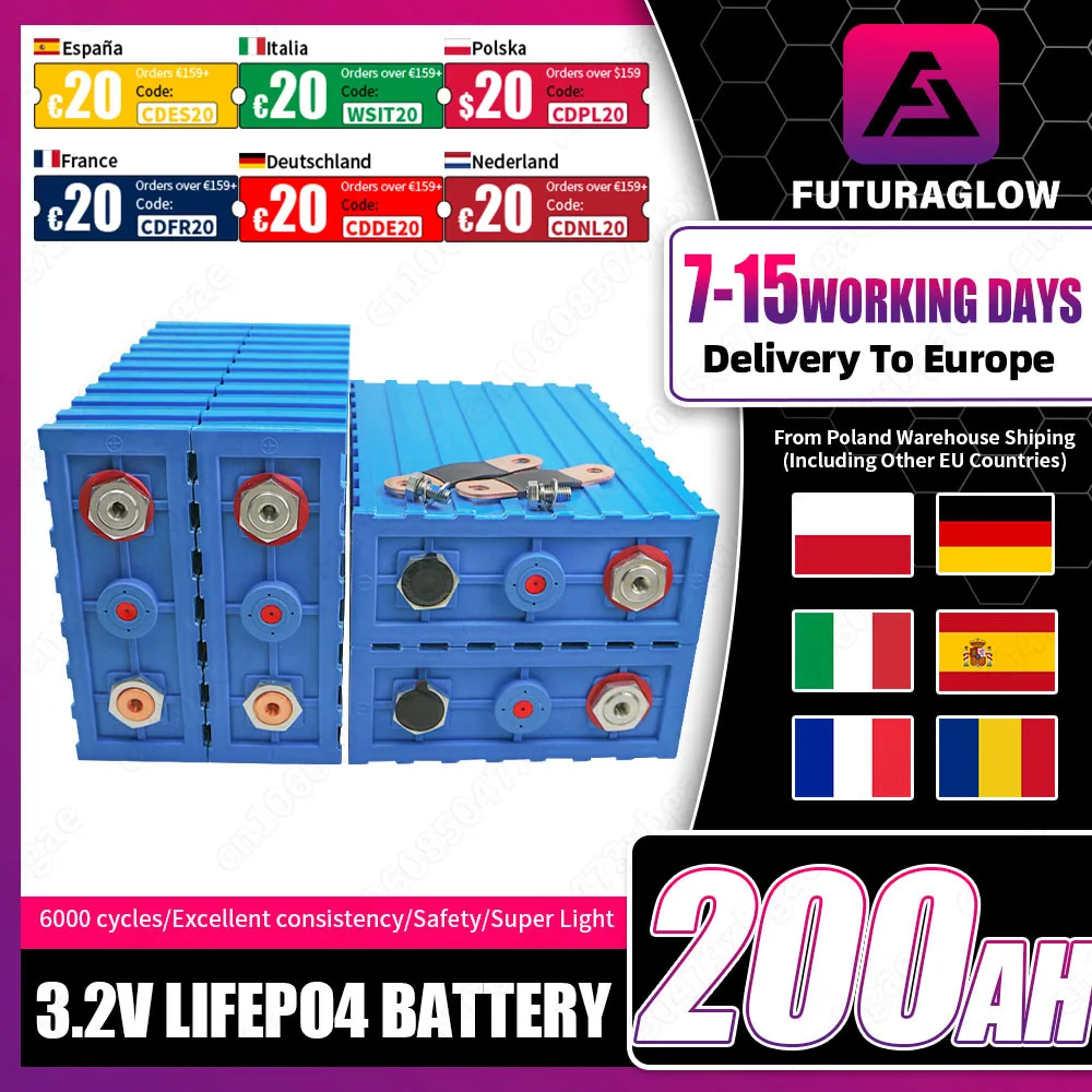 3.2V 200AH Lifepo4 Battery 4/8/16PCS Brand New Deep Cycles Rechargeable cell pack DIY 12V 24V 48V Motorcycle Car EU Stock No Tax