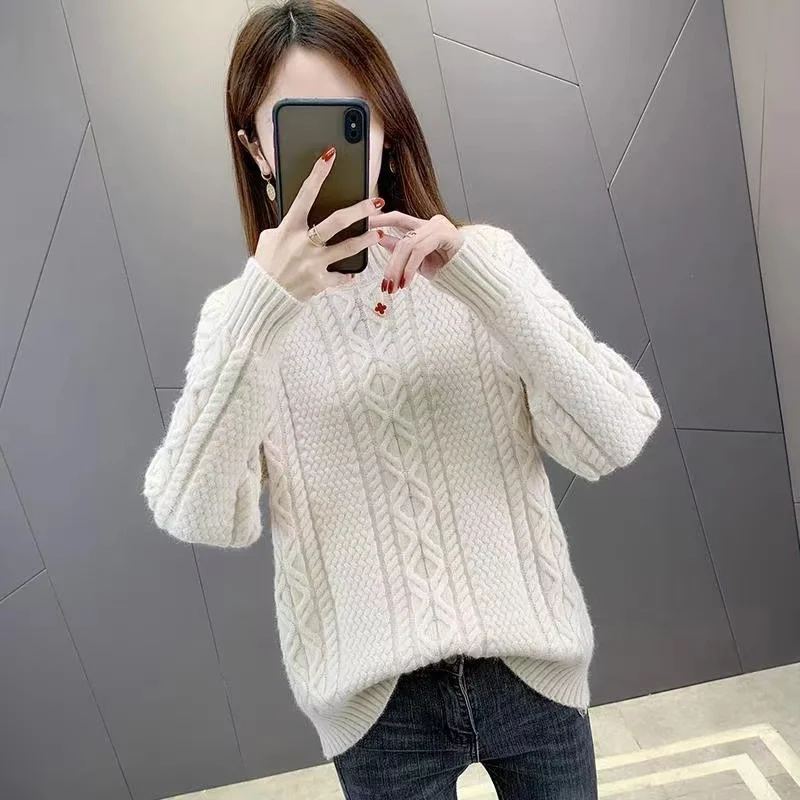 

New Fried Dough Twists Sweater Pullover Women Autumn Winter Versatile Half High Collar Knitted Sweater Female Bottoming Shirt