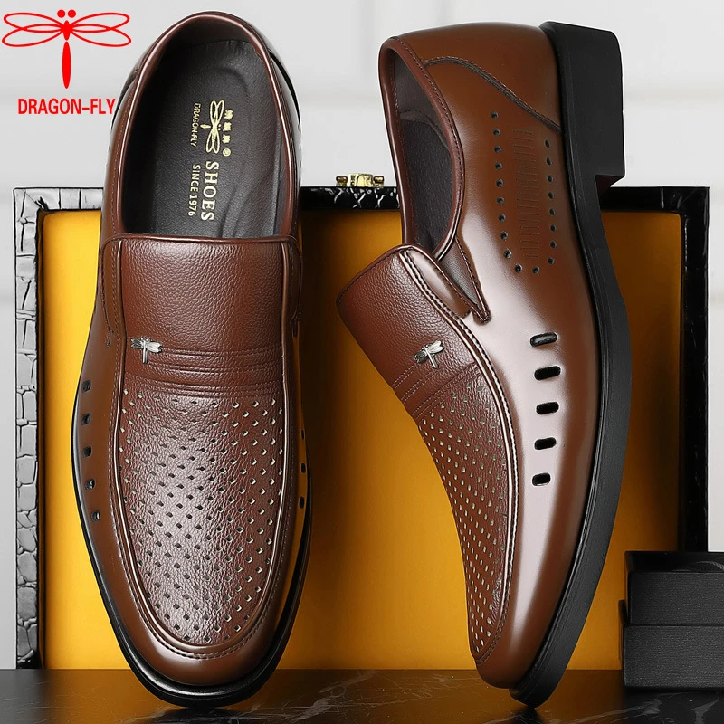 New Arrival Black Genuine Leather Loafers Soft Sole Comfortable Slip On Business Casual Shoes For Middle Aged Summer Breathable