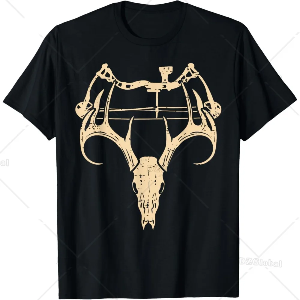 Deer Skull Compound Bow Retro Hunting Archery Dad Archer T-Shirt Fashion Black Casual T Shirt for Men 100% Cotton Tees Tops