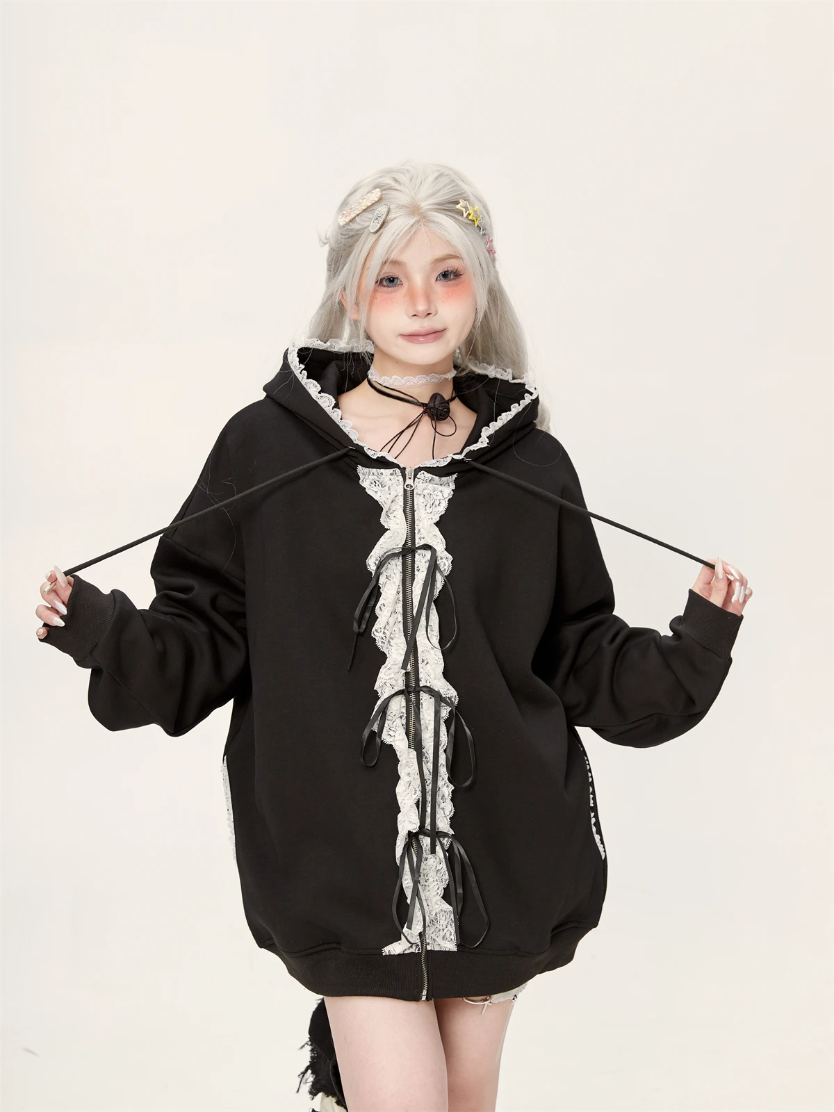 Lace Bow Zipper Gray Sweatshirts Jacket Women's Spring and Autumn 2025 New Hooded Long Sleeve Cardigan Top Oversized Hoodie