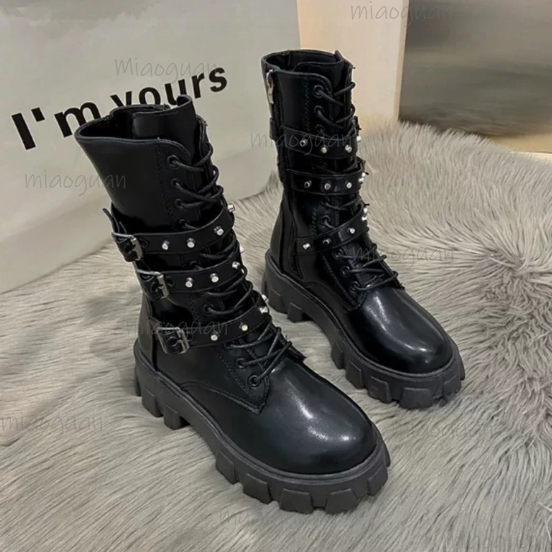 New Style Thick Sole Height-Increasing Motorcycle Boots for Women Women's Autumn Punk Belt Buckle Plus Size Platform Knight Bota view 3