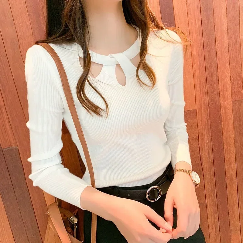 Otoño Invierno suéter de mujer con cuello simulado Vintage básico sólido Tops de punto Casual Jersey ajustado suéteres coreanos jerséis simples y elegantes