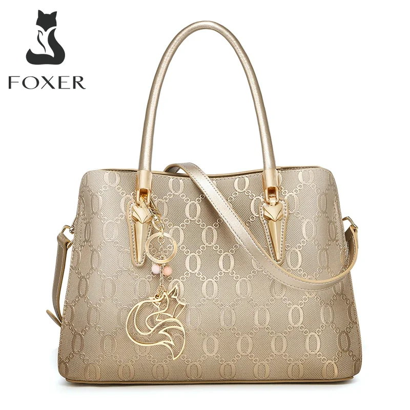 FOXER Female Split Leather Medium Zipper Handbag Lady Chic Shoulder Crossbody Bags Women's Fashion Top Handle Bag Festival Gifts