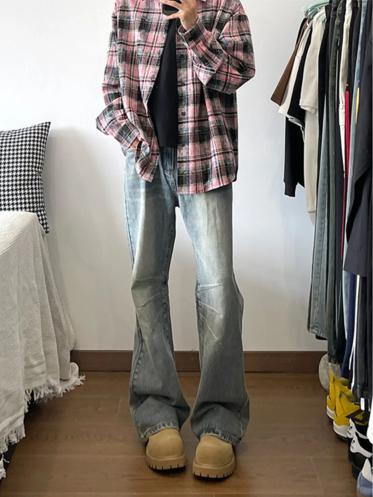 

Retro Blue Flared Straight Leg Men's Jeans Spring Autumn Slimming High Street Trendy Brand Cotton Long Pants Youth Faion