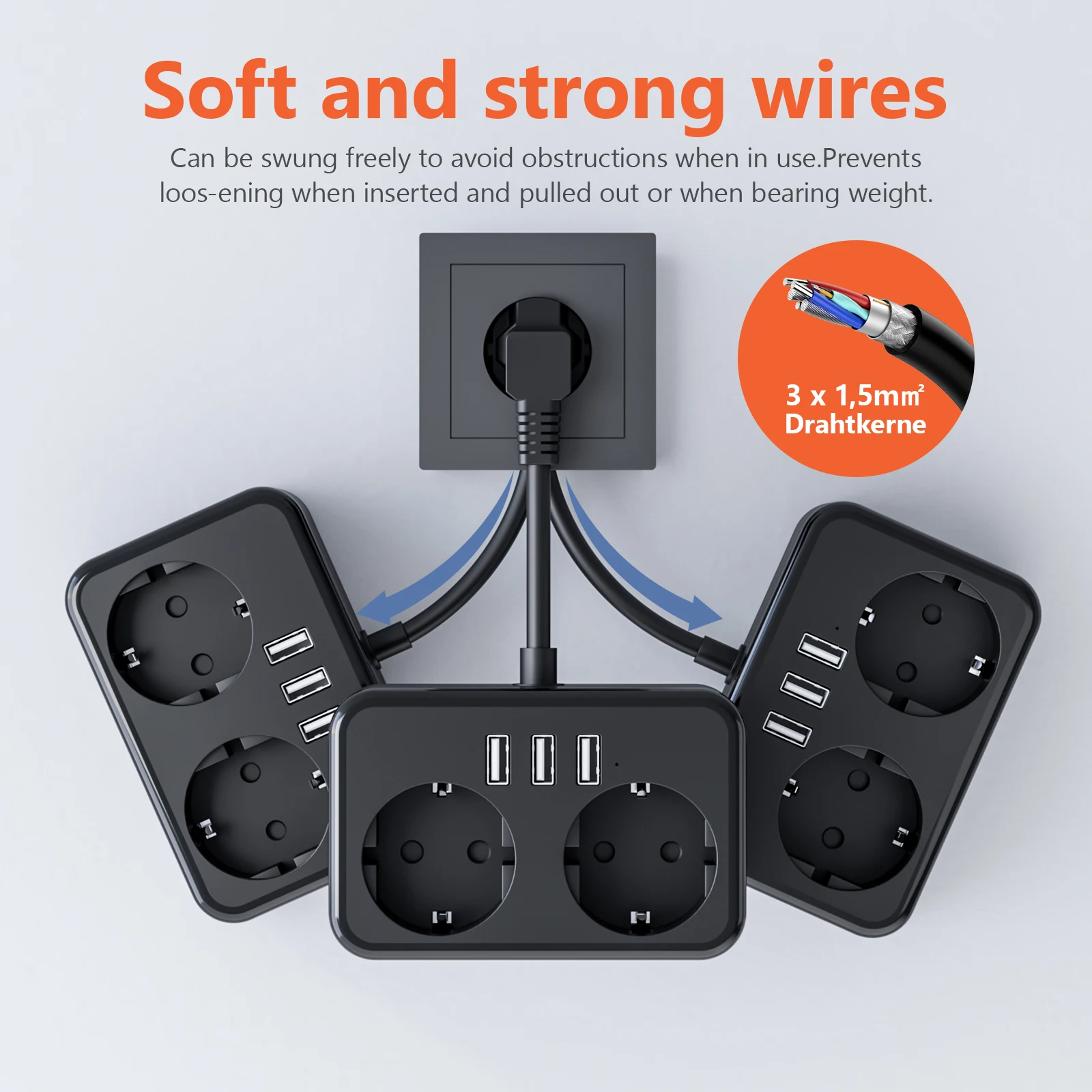 JINGMIN 3840W EU 플러그 전원 스트립(AC 콘센트 2개 포함) 3 USB 0.5mm 케이블 가정용/사무실 소켓용 스위치가 있는 멀티 소켓