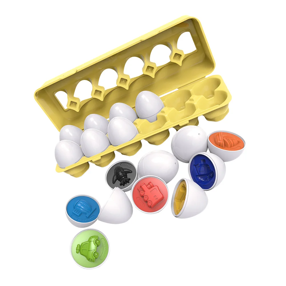 12pçs ovos de correspondência de veículos, aprendizagem de cores, cognição infantil, coordenação de memória educacional precoce, brinquedo de correspondência pré-escolar