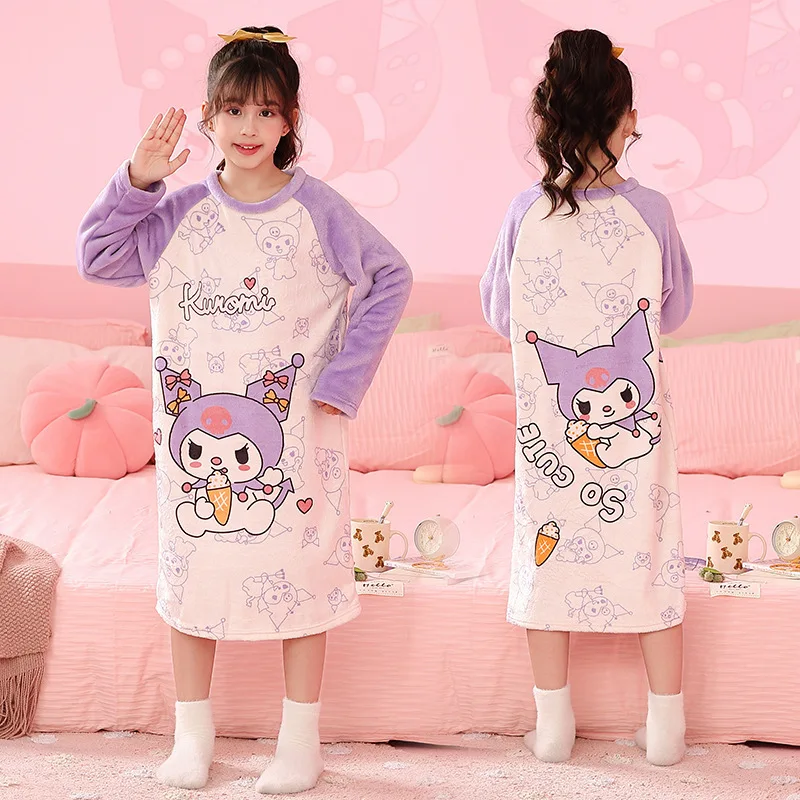 

2024 Autumn Winter Kids Flannel Pajamas Miniso Anime Cartoon Nightgown Girl Nightdress Children Warm Sleepwear Kawaii Loungewear