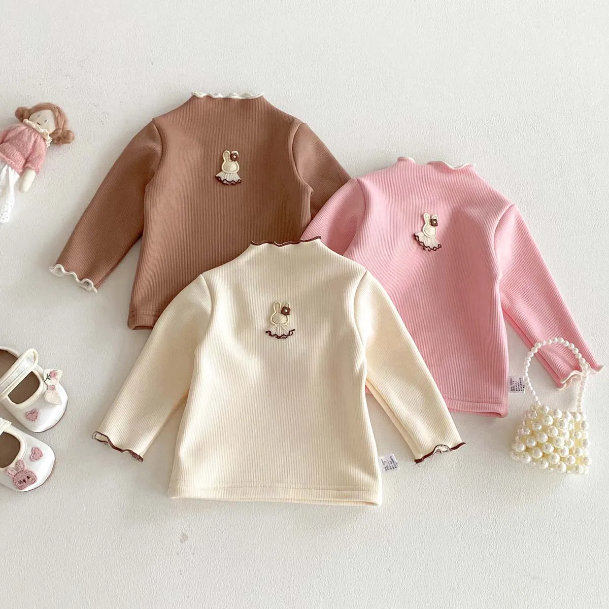 Winter Girls Joker Comfortable Plus Velvet High Collar Base Shirt, Girls Cute Cartoon Rabbit Embroidery Plus Velvet T-Shirt, Ver