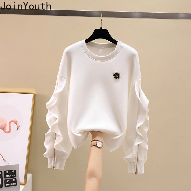 Joinyouth Clothes for Teens Korean Fashion Sweatshirts Women O-neck Ruffles Zipper Pullovers Tops Loose Casual Sweet Hoodies