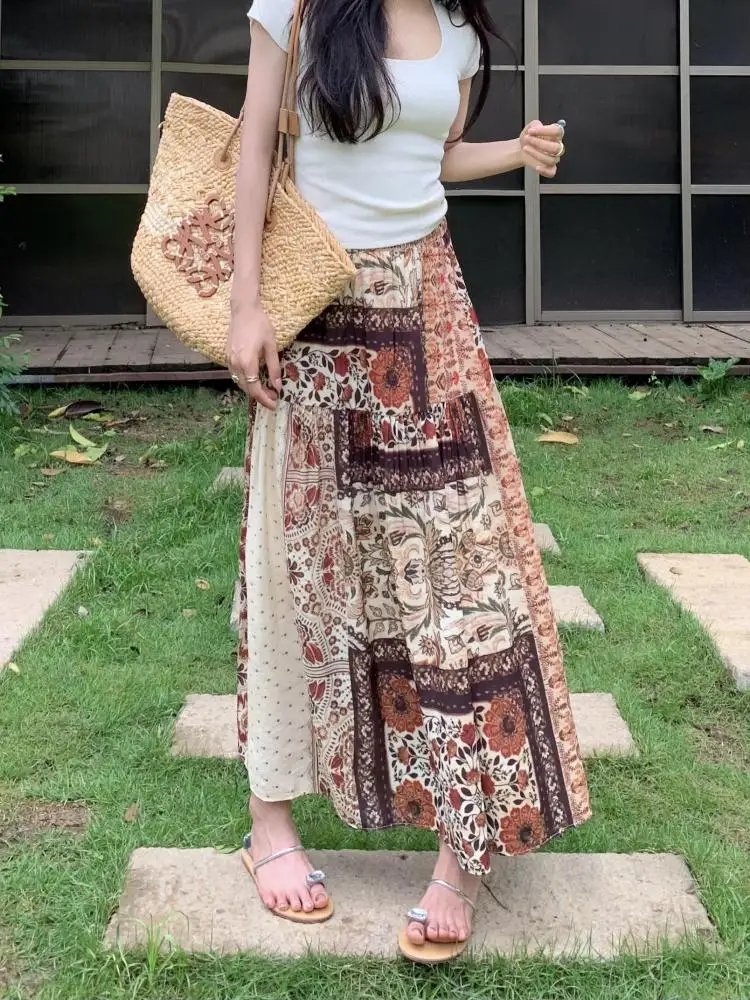 

Summer French Vintage Flower High Waist Party A-line Skirts Women Elegant Versatile Vacation Pleated Long Skirt Bohemian Popular
