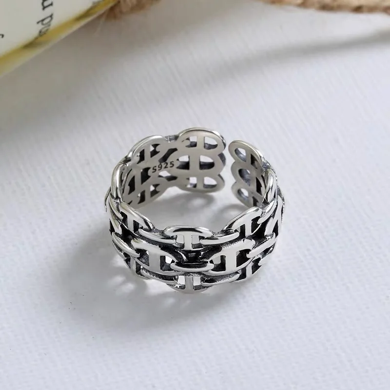 S925 Sterling Silver Pig Nose Interwoven Ring Vintage Do Old Street Hip Hop Ins Tide Multilayer Winding Opening Ring