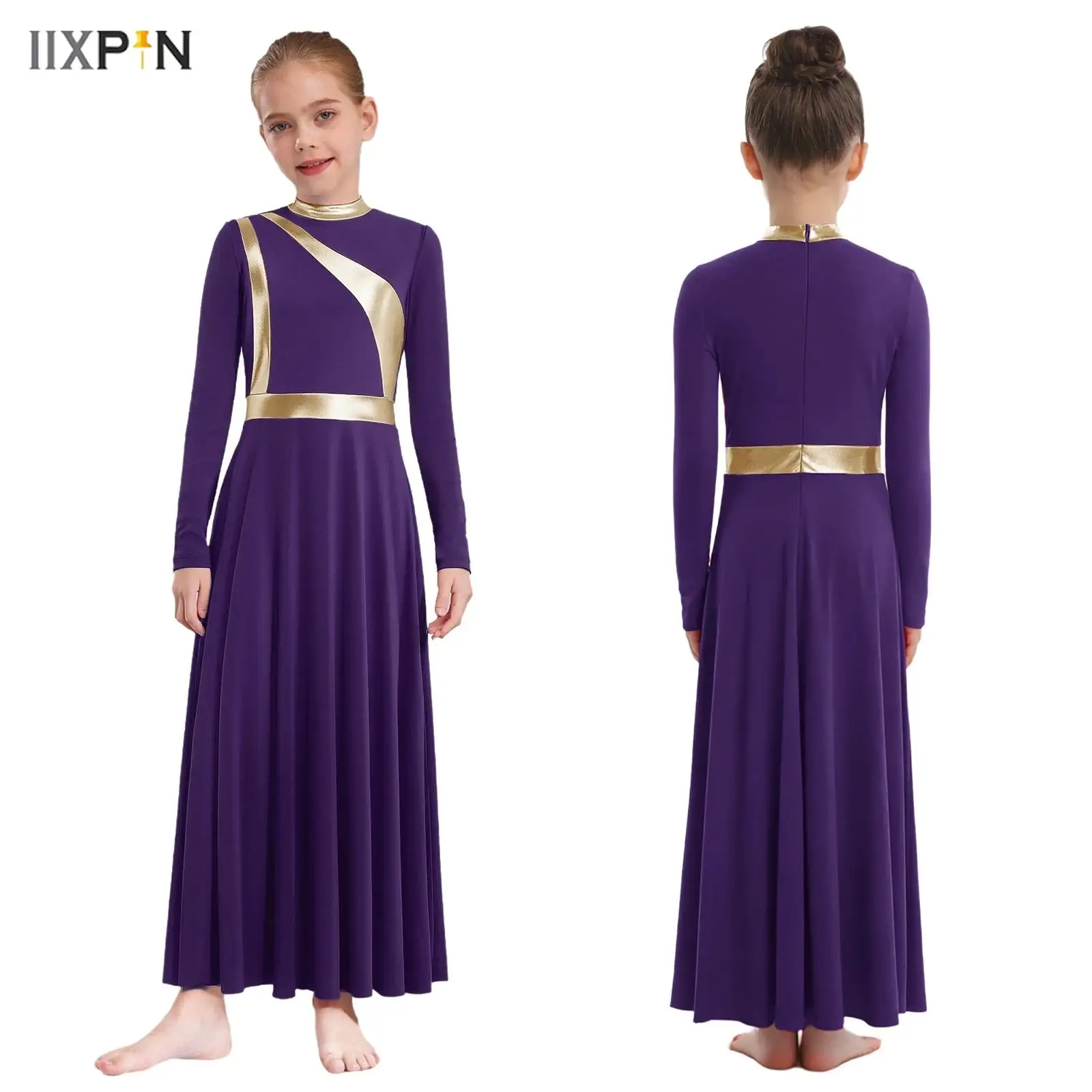 

Kids Girls Praise Lyrical Dance Performance Costume Metallic Shiny Church Christian Worship Tunic Robe Dress Ballet Dancewear