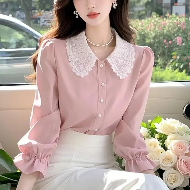 Langarmshirts für Damen, Chiffon, Button-Down-Blusen, Drehkragen, plissierter Saum, Laternenärmel, schmale Passform, adrett, feminin, Retro