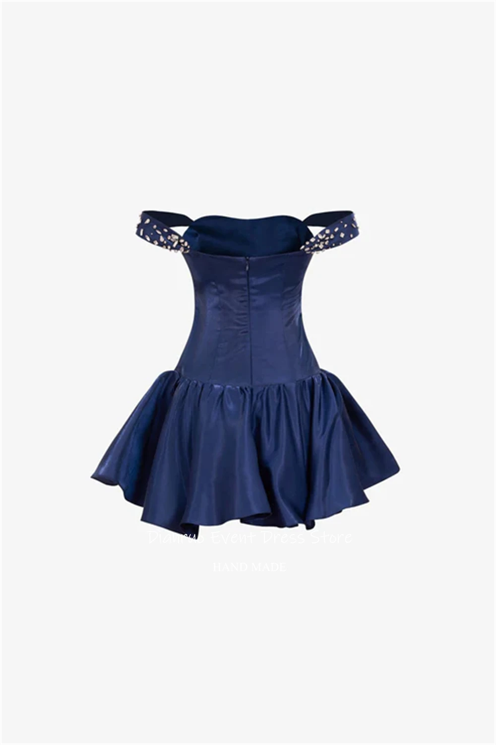 Dianruo ネイビーブルー スパークリークリスタル プロムドレス オフショルダー ミニ Aライン パーティードレス サテン ガーリー 15 キンセアニェーラドレス カスタマイズ