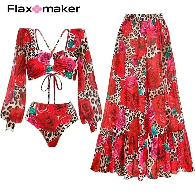 

Flaxmaker Long Sleeves Leopard rose Print High Waist Bikini Swimwear Women Vacation Beachwear Bathing Suit Bikini