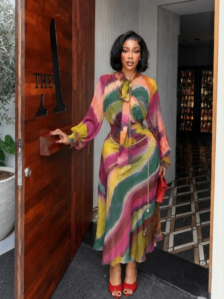 Women Colorful Print Midi Dress Tie Neck Long SleeveA Line Dress Elegant Waist Cinched Party Dress Casual Holiday Guest Outfit