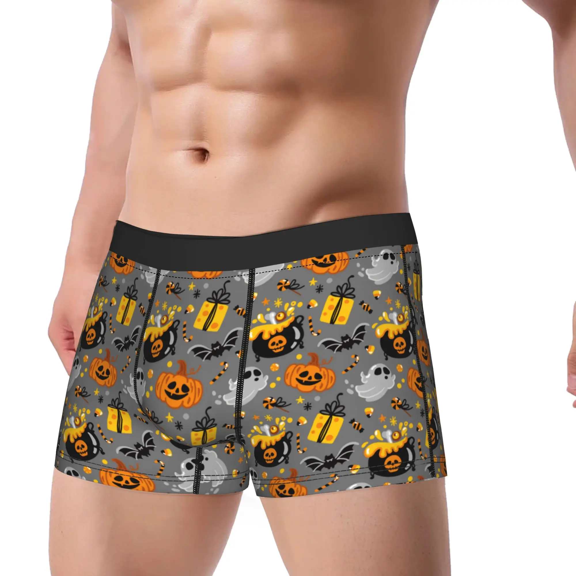 Men's Spooky Halloween Ghosts And Pumpkins Long Underwear  Sexy Boxer Briefs Shorts Panties Male Breathable Underpants M-XXL