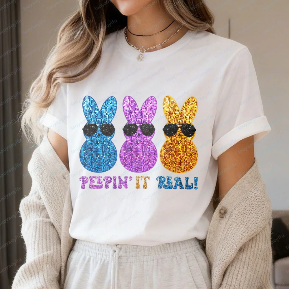 Cute Rabbit Print Peepin It Real Bunny Sequin Women T-Shirt Cotton Short Sleeve O-Neck Casual Fashion Easter Spring T Shirt