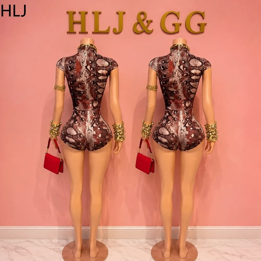 HLJ Trendy Snake Print Bodycon Romper for Women High NeckHollow Out Short Sleeve Zipper Shorts Jumpsuit Nightclub Party Clubwear