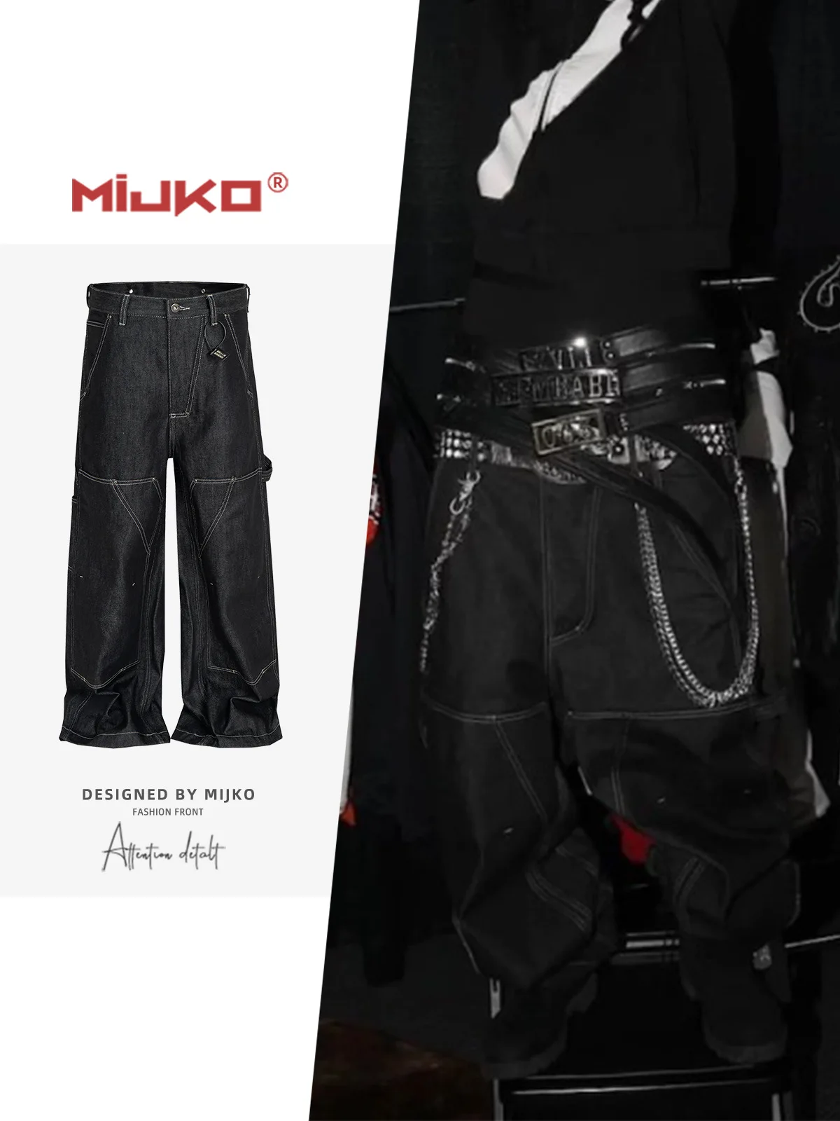 

MIJKO Black Original Cow Jeans Wood Trousers Bright Line Design Comfortable Fit Workwear Casual Pants