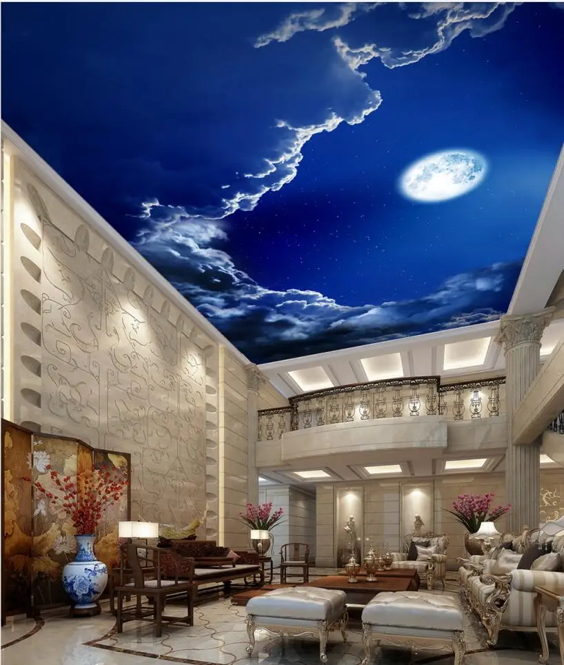 

Painting style romantic night sky moon ceiling mural 3D Living Room Bedroom Ceiling Wallpaper Papel De Parede