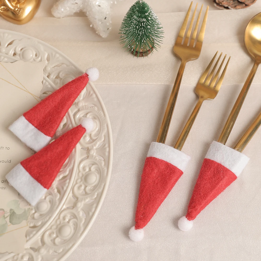 10/20/30Pcs Mini Santa Claus Hat Cup Bottle Set Home Room Decoration Tableware Knife And Fork Christmas Hat Decor DIY Crafts