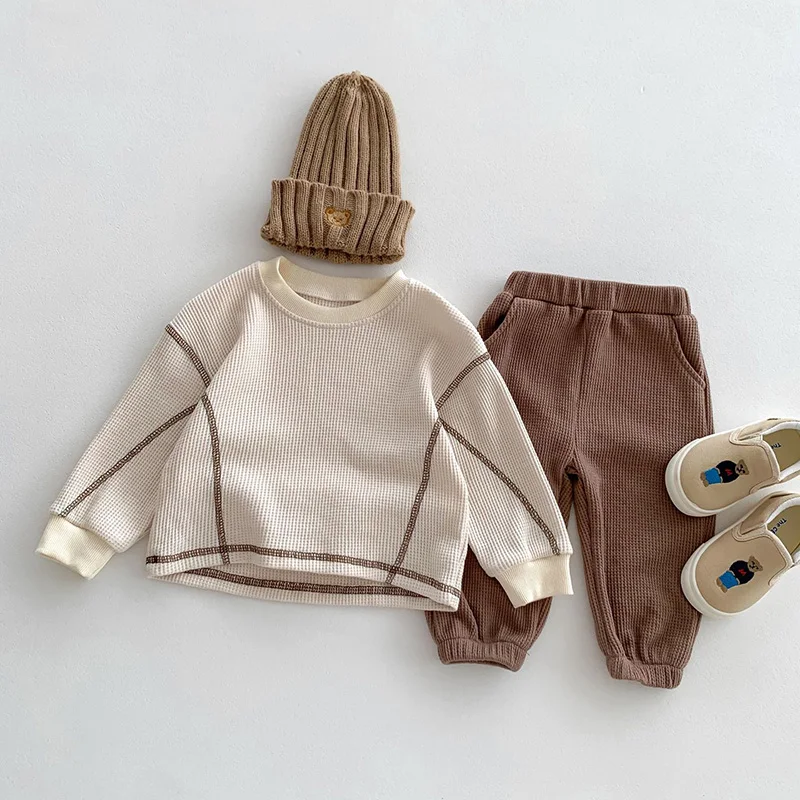 milancel-春デザイナーキッズベビー服カジュアルボーイズスーツクール幼児用ブラウスとパンツ-2-個ワッフル服セット衣装