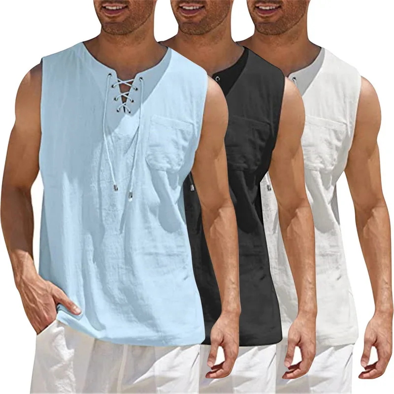 

Men's Cotton Linen Tank Top, V-Neck Sleeveless Shirts, Summer Streetwear Shirt, Gym Fitness Vest Tops with Adjustable Drawstring