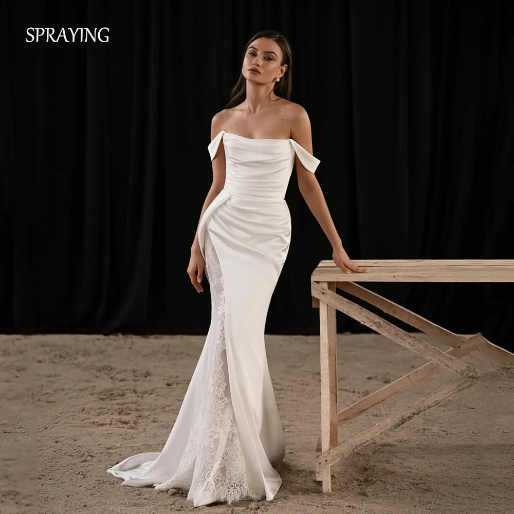 

SPRAYING Elegant Lace High Slit Wedding Dresses Off Shoulder ivory Satin Bridal Gowns Mermaid Long Vestido de Novia Customized