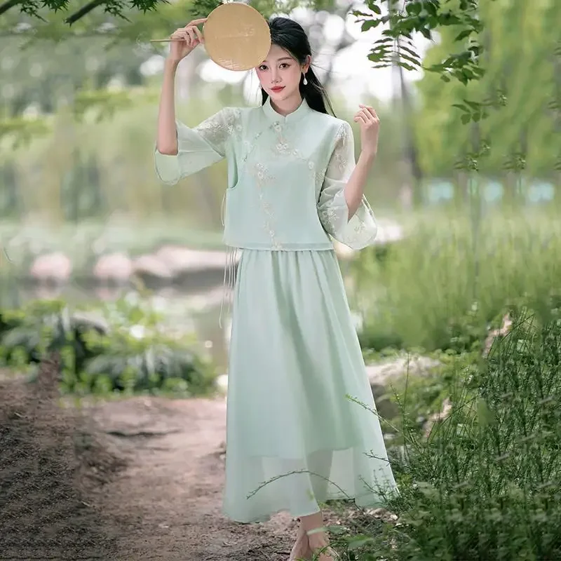 

Yourqipao Summer Kawaii Sweet Gentle Tang Suit Improved Cheongsam Elegant Qipao Chinese Style Hanfu Dress Zen Skirt for Women