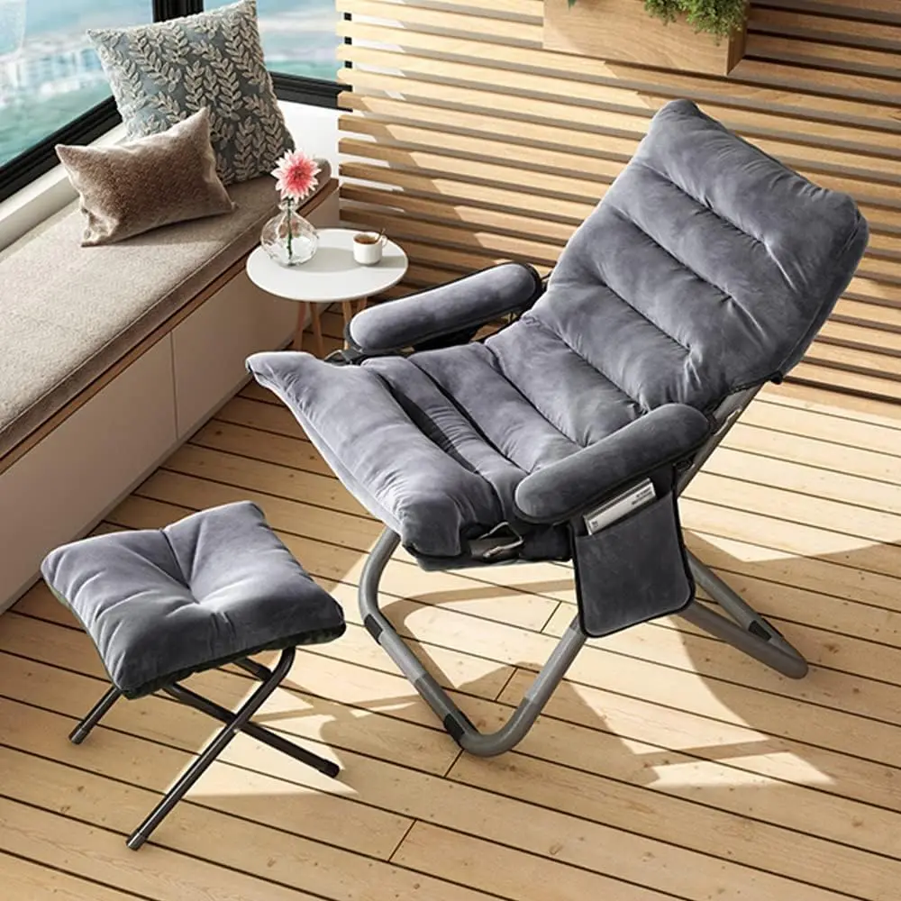 

Lazy Chair with Ottoman, Foldable Modern Lounge Chair with Armrests and Side Pocket, Leisure Upholstered Sofa Reading Chair wi