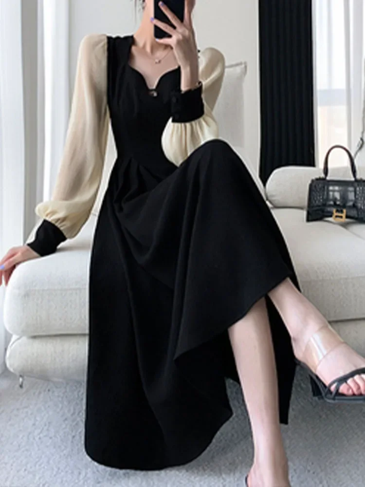 

Pop Fashion Dresses For Women Long Sleeve Party French Style Dress Solid Square Collar Midi Zipper 2025New Spring Summer Dress