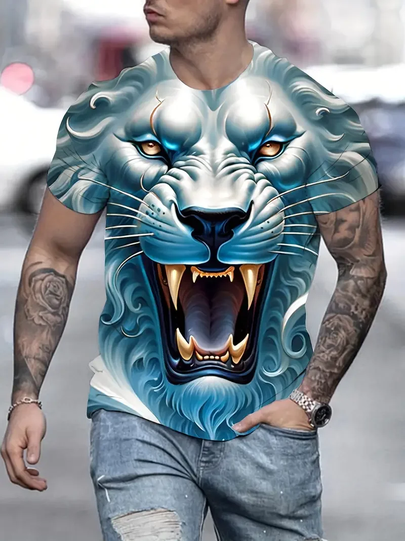 Tiger Print T-Shirt 3D Animal Men\'s Shirts Summer Short Sleeved Male Pullover Oversized Tops Tees Men Clothing