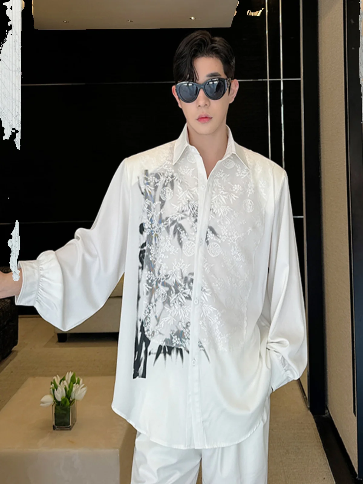 

Корейский Sle Long Sve Мужской Irt Свободный крой с драпировкой Sensation Netting Water-Media Print Design Повседневная модная осенняя одежда