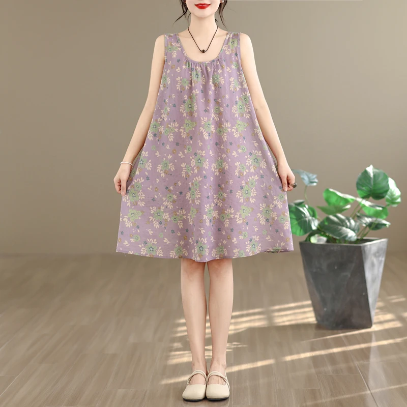 

Summer Floral Print Cotton Linen A-Line Dress Sleeveless round Neck Gown for plus Size Women Artistic Style Citywalk Gown