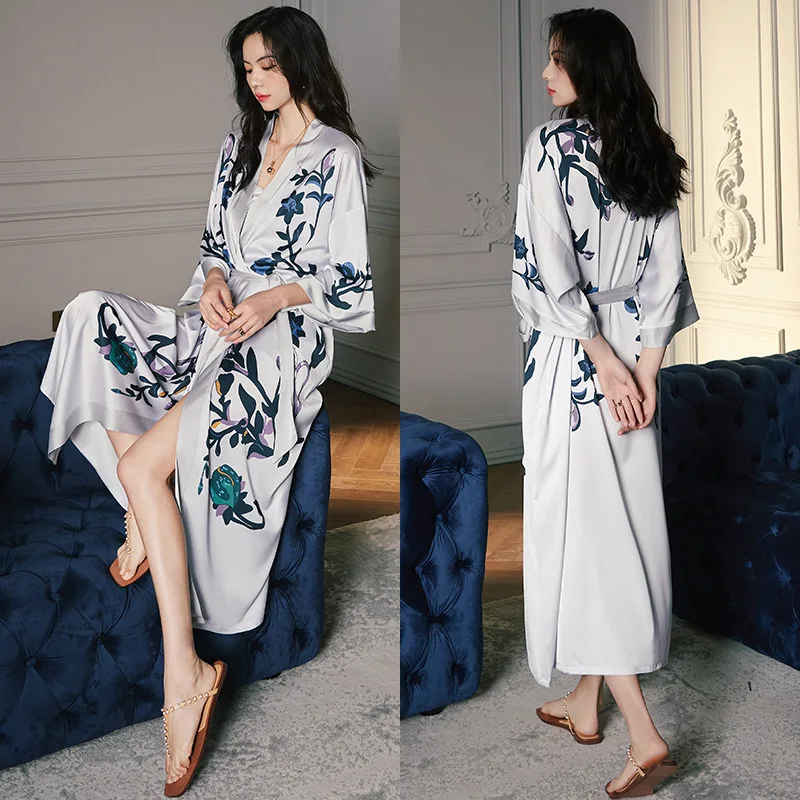 Women's Spring and Summer Thin Ice Silk Satin Atmospheric National Style Luxury Lace-up Morning Gown Loungewear New Nightgown