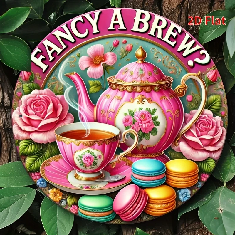 2D Flat, Vintage Pink Rose Tea Party Metal Wall Art - 7.87