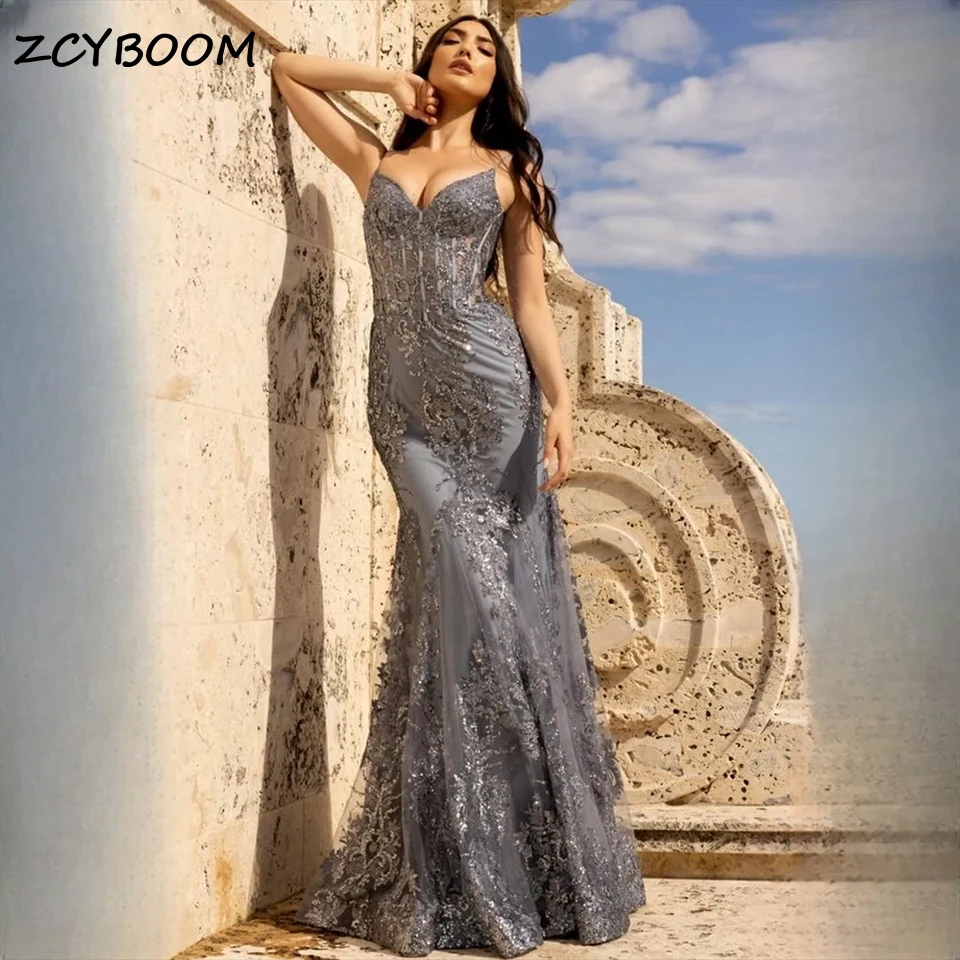 

Sexy Grey Glitter Sequined Mermaid Prom Gowns 2024 Luxury Lace Embroidery Spaghetti Straps Women Evening Dress Vestidos De Noche