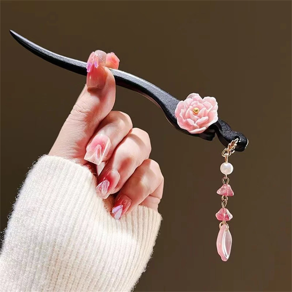 Ancient Style Floral Tassel Wooden Hairpin Hanfu Headdress Handmade Female Simple Vintage Hair Stick Cheongsam Step Shake Gifts